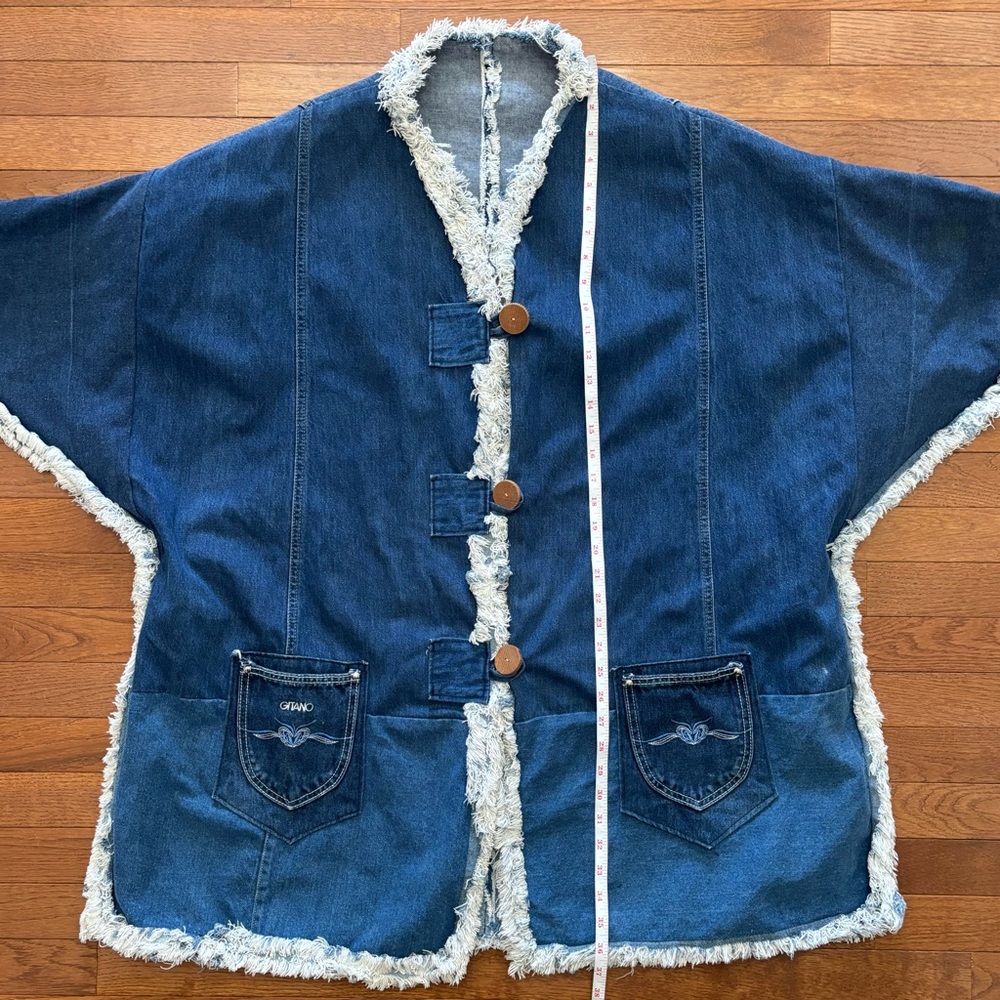 Vintage Upcycled Gitano Denim Pathwork Ponch with Mandarin Collar - Picture 5 of 7
